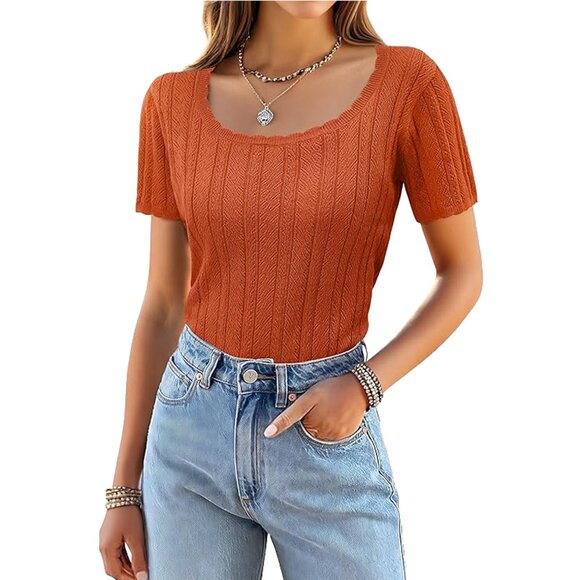 Women's Square Neck Short Sleeve Sweater, Ribbed Basic Top, Rust Orange, XXL - Picture 2 of 3